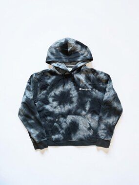 Champion Tie Dye Hoodie Large Gray Black Pullover Sweatshirt Fleece Lined Womens